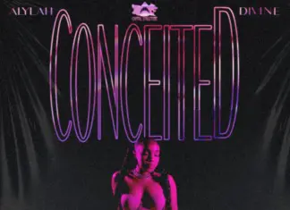 A woman with pink hair and breasts in front of the word " conceited ".