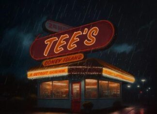 A neon sign that reads " tee 's diner island ".