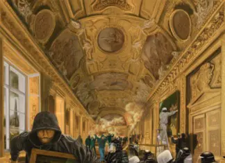 A painting of people in an ornate room