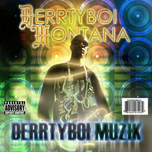 A man standing in front of speakers with the words " derryboi montana ".