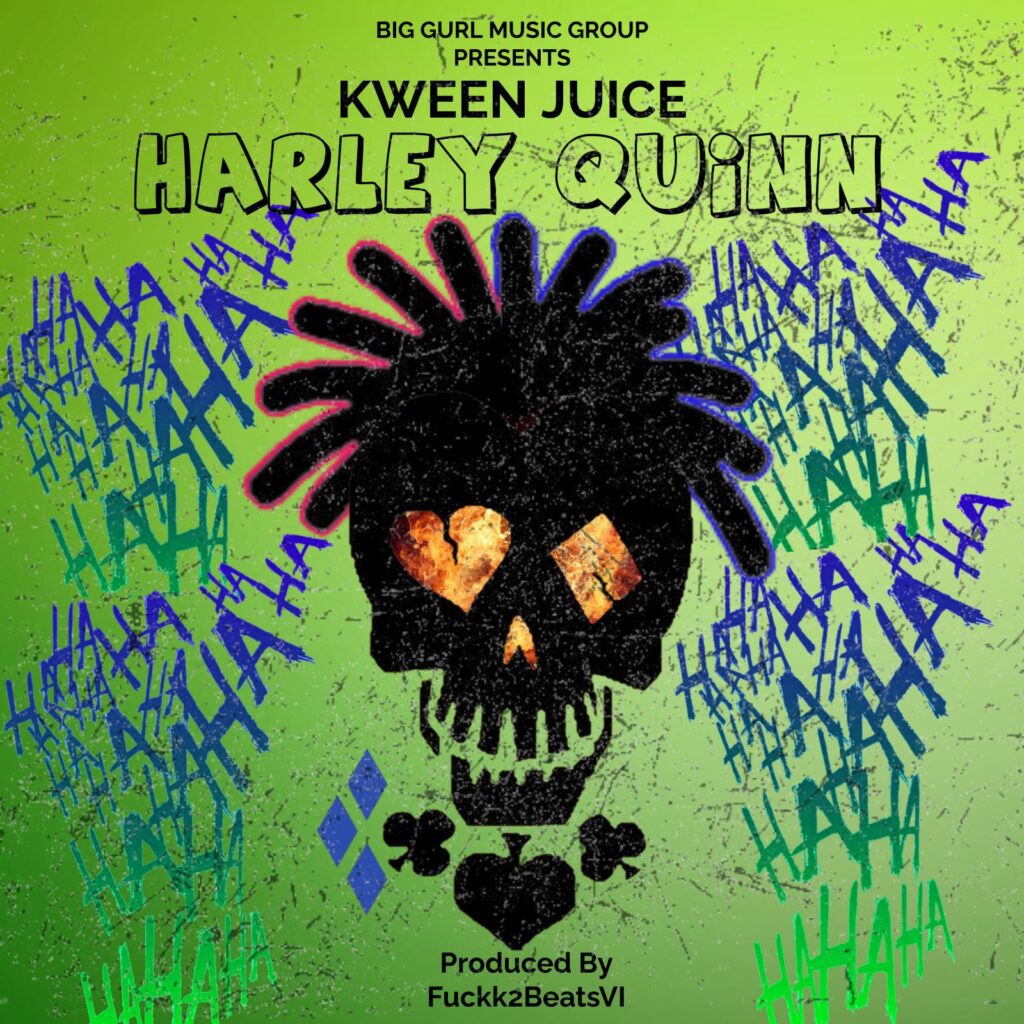 A green background with a skull and the words " harley quinn ".