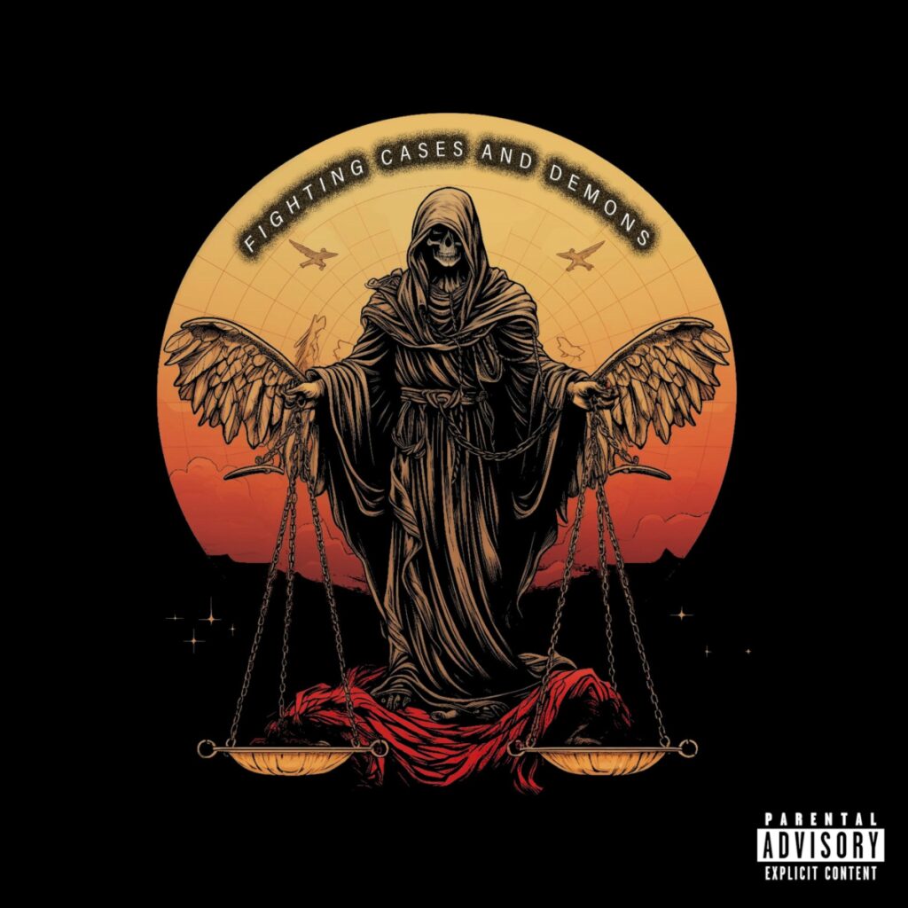 Grim reaper holding scales with wings in front of red sun.