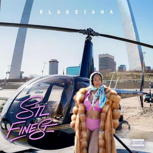 A woman wearing a fur coat and bikini stands in front of a helicopter.