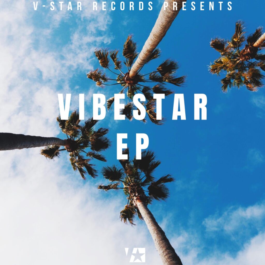Palm trees against a blue sky with text reading: "Vibestar EP".