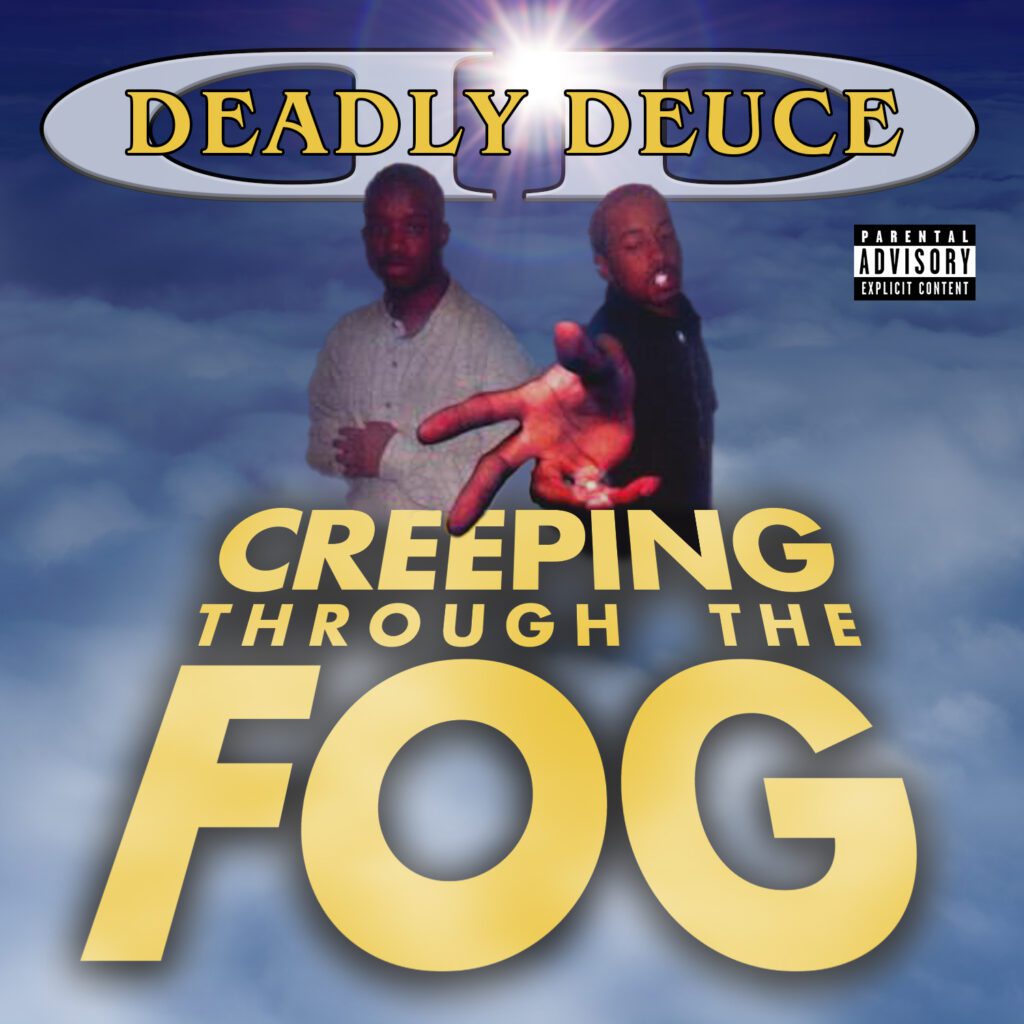 Deadly Deuce in front of clouds with hands reaching out.