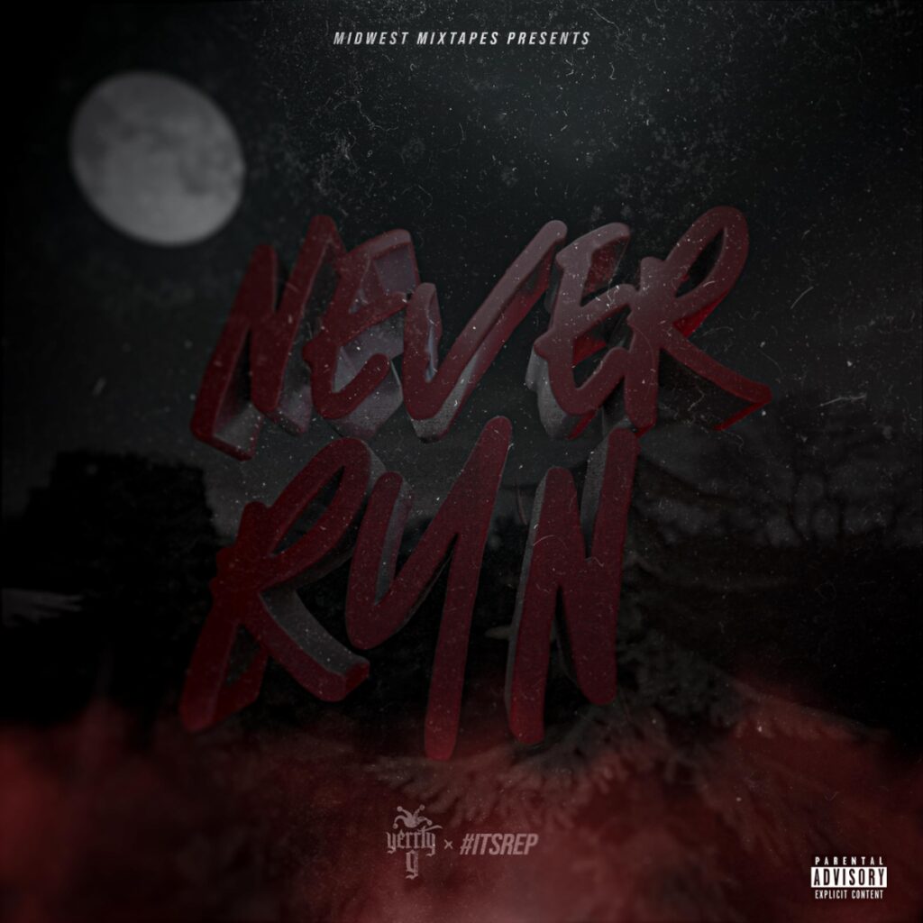 A dark red 3D rendering of the words Never Run.