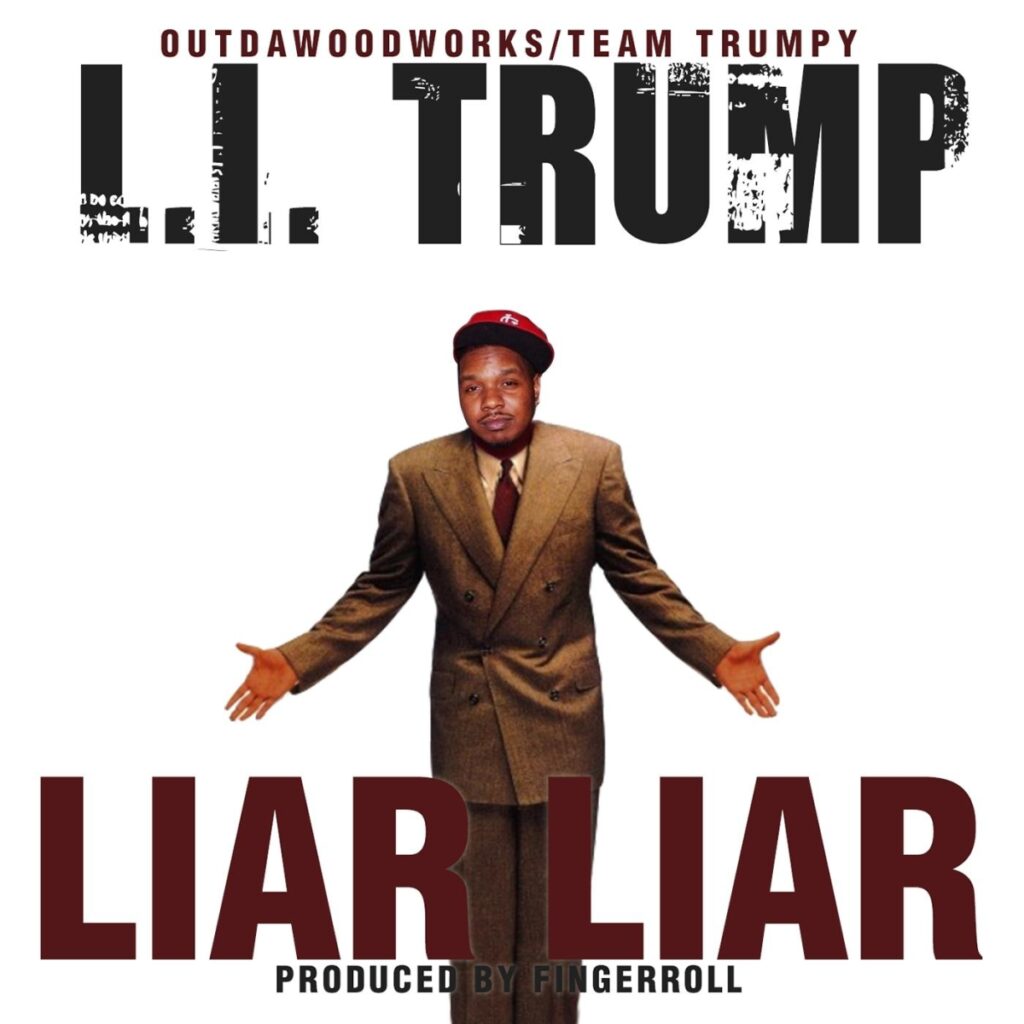L.I. Trump in brown suit with red hat says "LIAR".