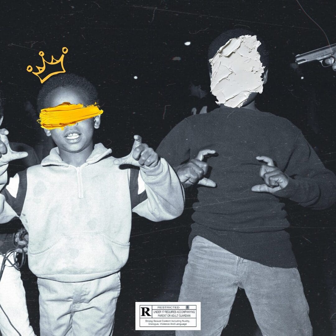 Here's an alt text suggestion: Boys gang signs, painted faces, crown.