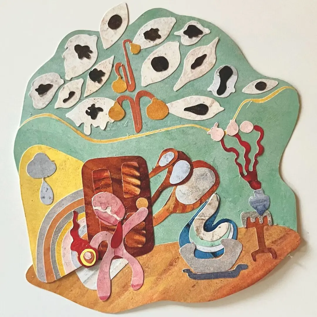 Surreal collage; figure in whimsical scene.