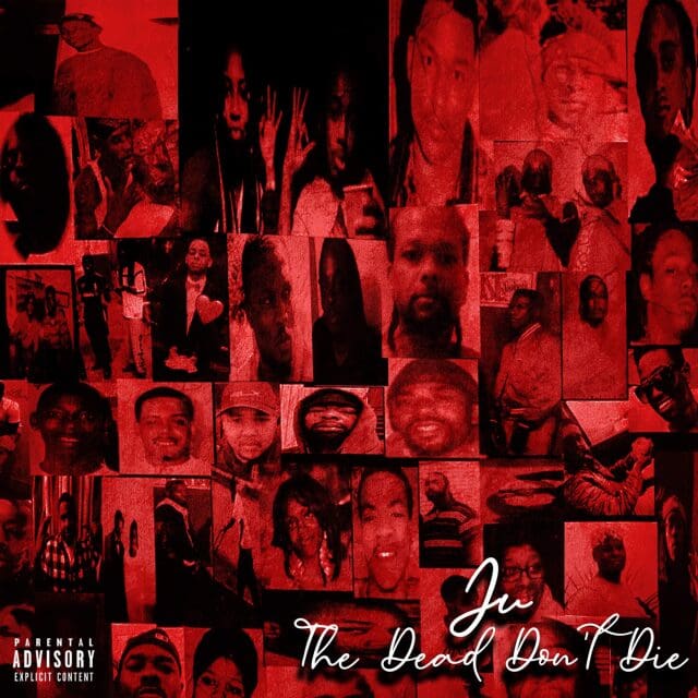 Red collage album cover with various portraits.