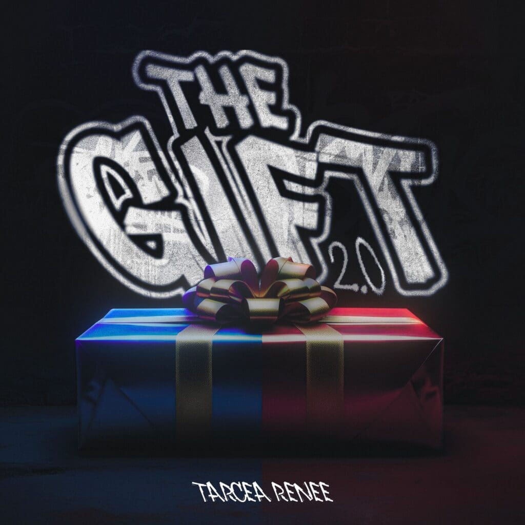 Graffiti-style text above a wrapped gift.