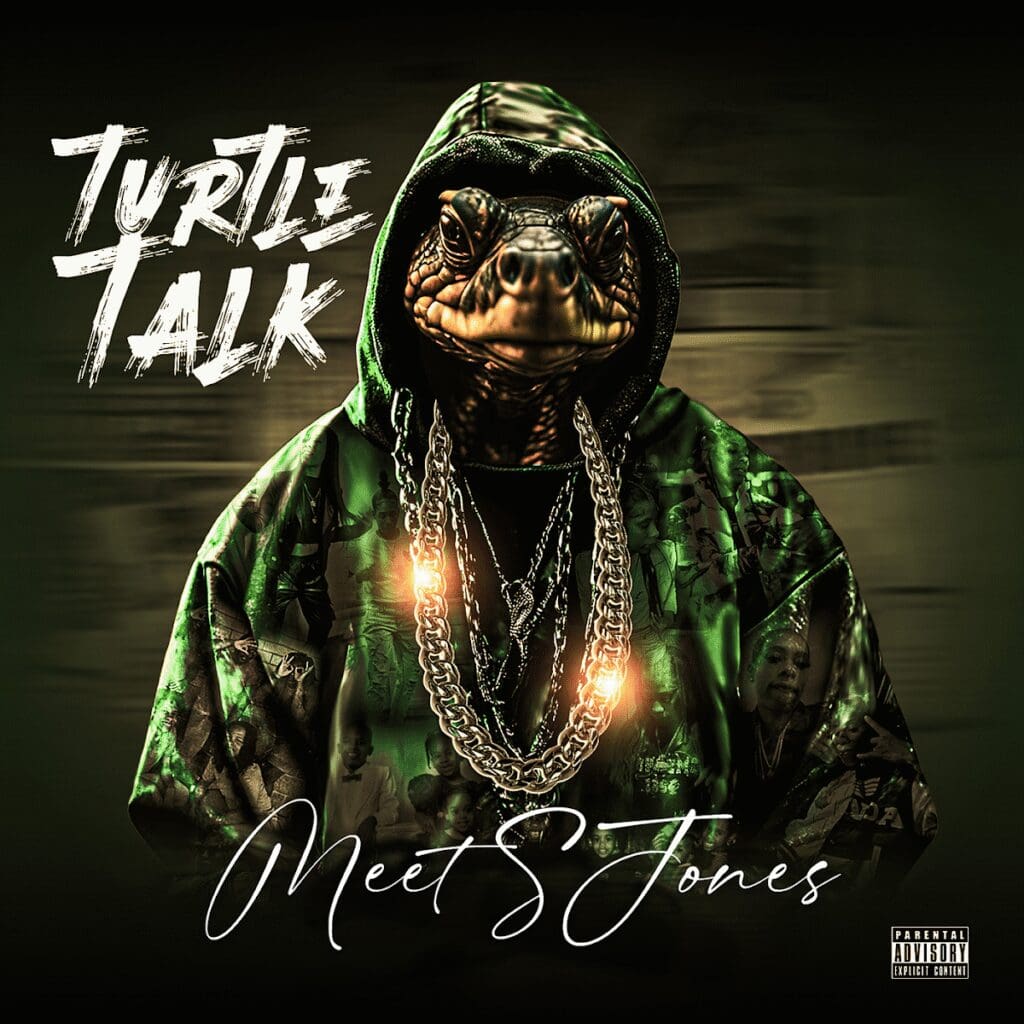 Turtle wearing hoodie and chains, album cover.