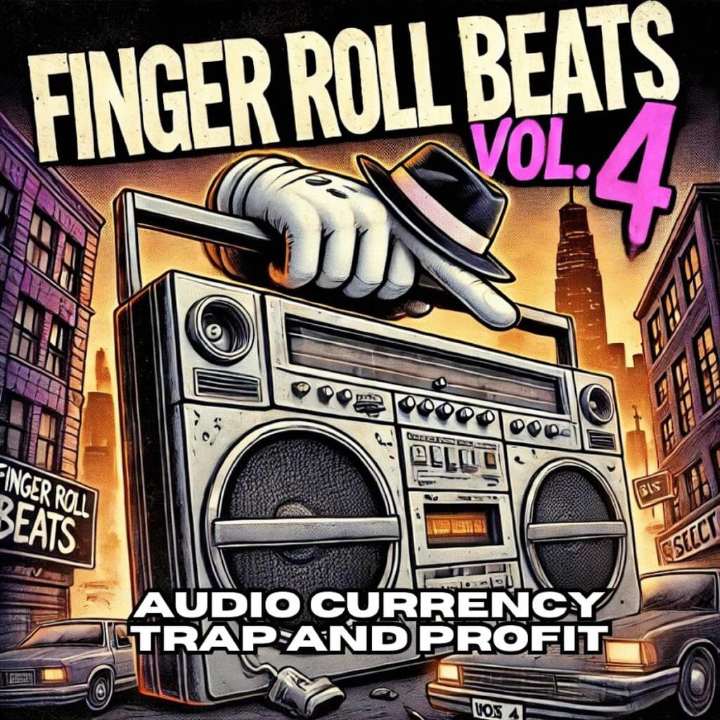 Boom box with hat and city background.