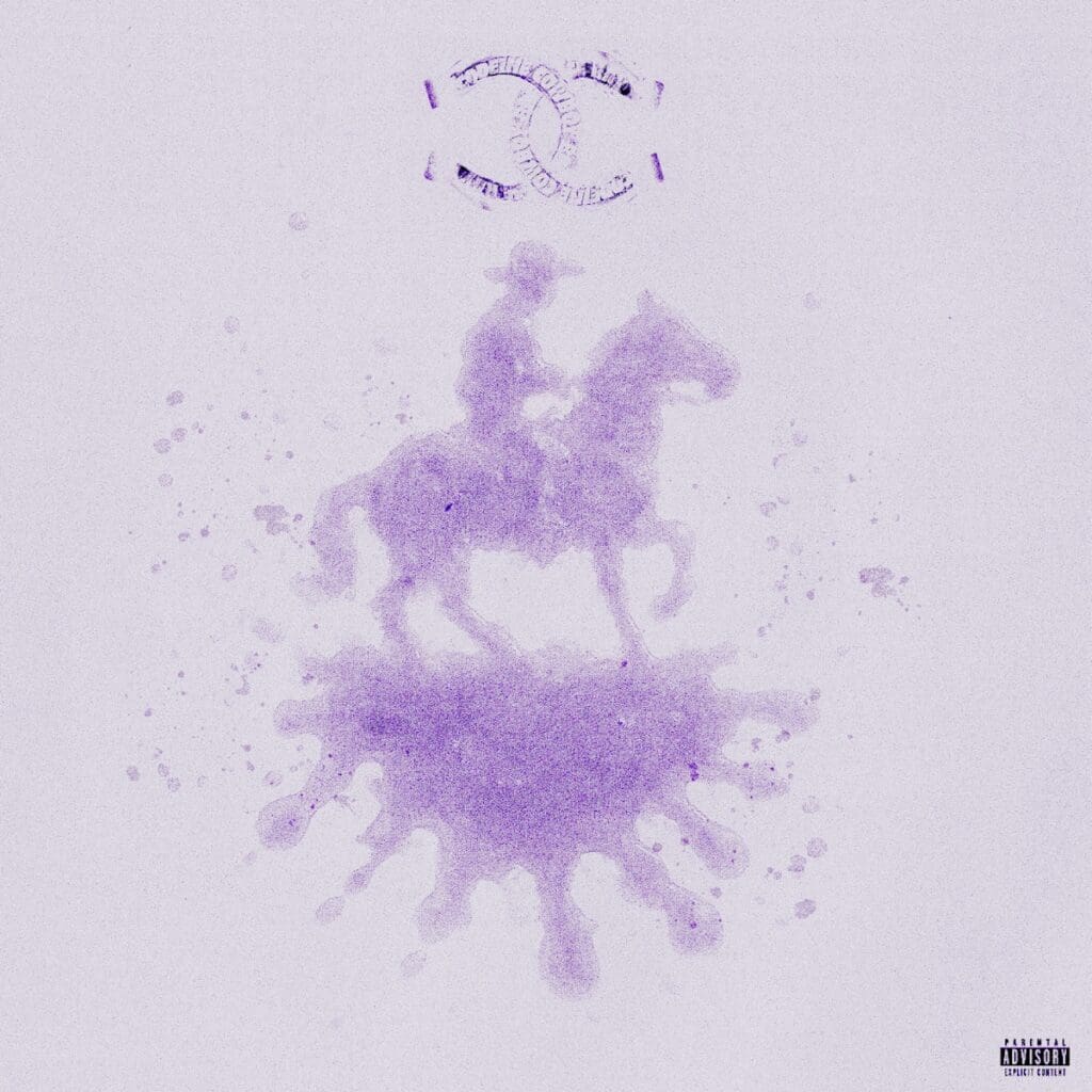 Silhouette of person on horse, purple background.