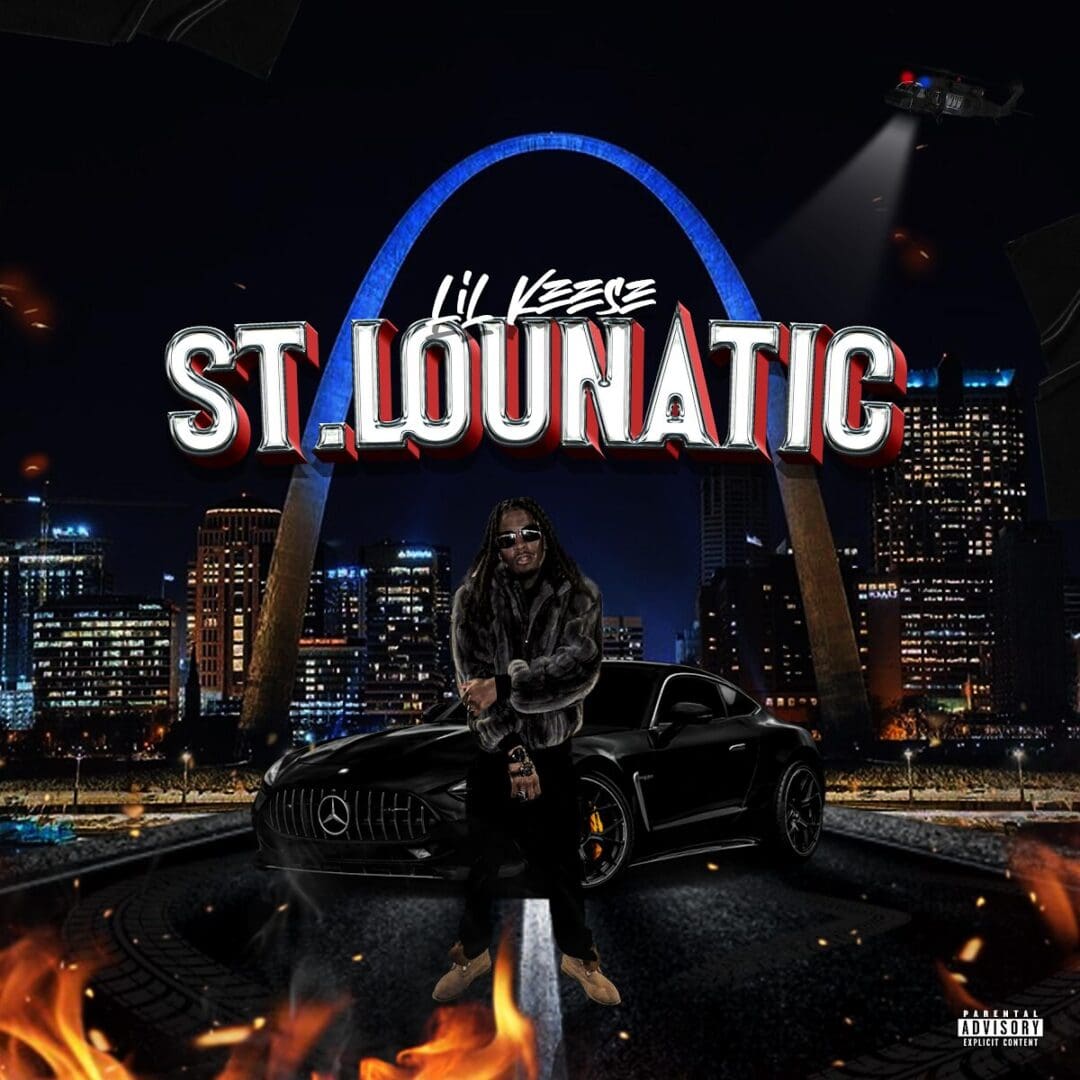 Rapper posing in front of St. Louis skyline.