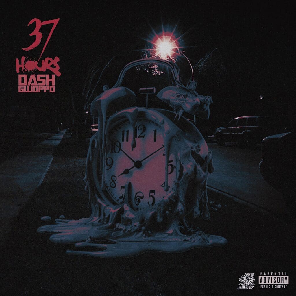Melting clock on dark street, 37 Hours.