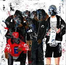 Group of people in abstract, colorful artwork.